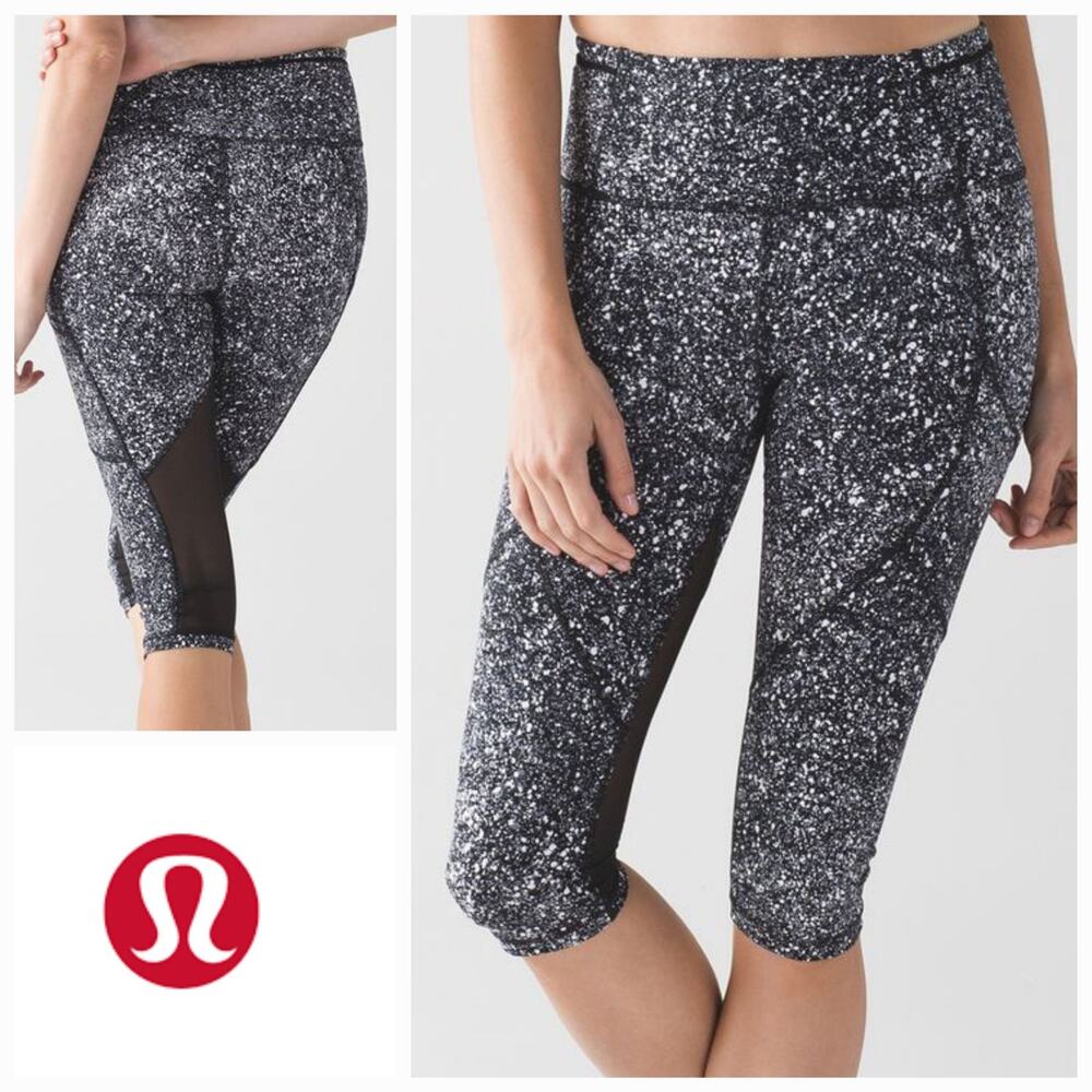 EUC Lululemon Outrun High-Rise Mesh Insert 17" Crop Sz. 4 Splatter White‎ Black